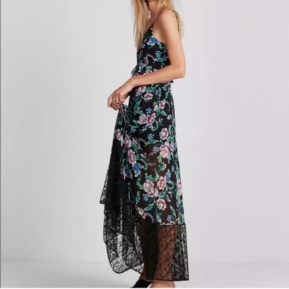 Express Womens 0 Black Floral Strappy Lace Slip Midi Dress Boho Peasant - Picture 11 of 11